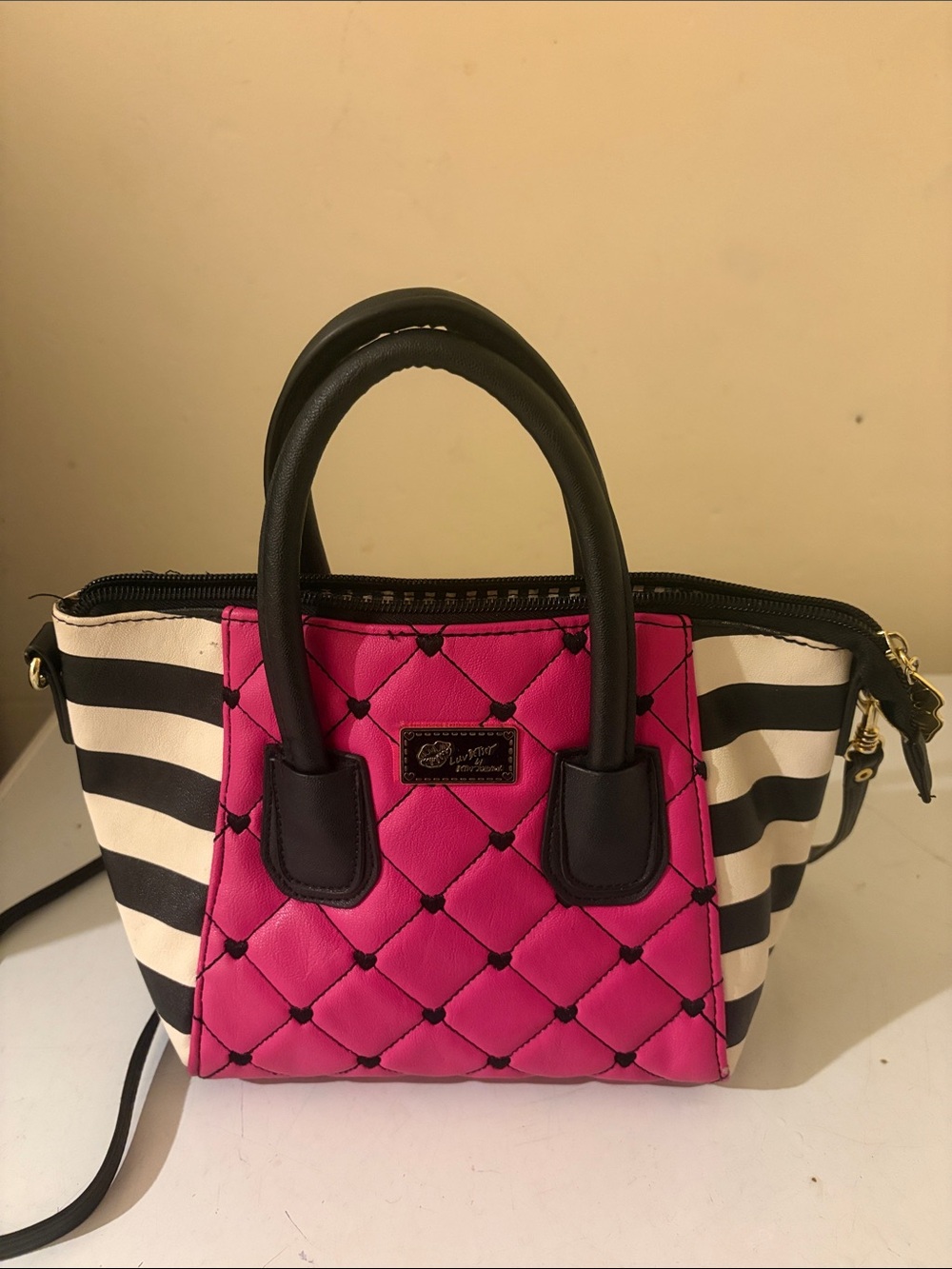 Betsy Johnson Pink Quilted Tote with Black & White Stripes - Picture 2 of 5